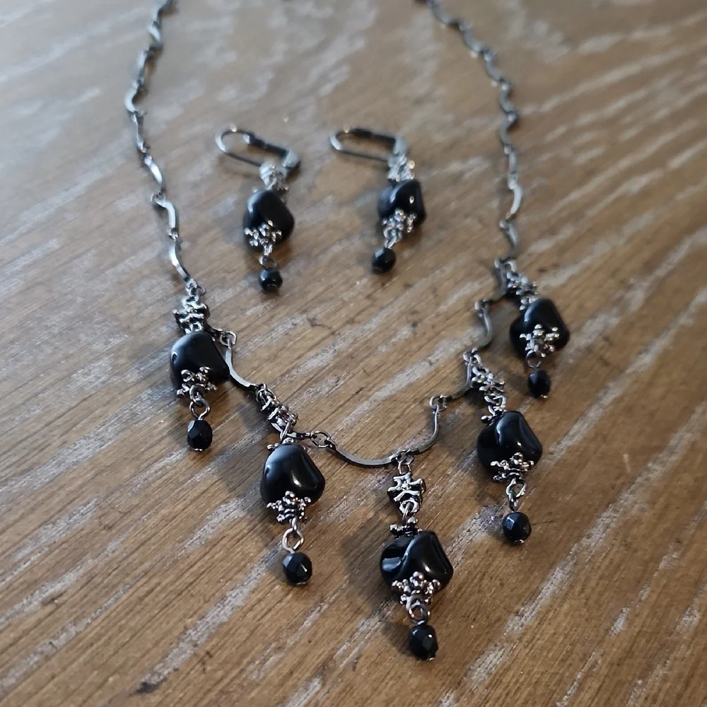 Vintage Inspired Black Bead Necklace and Earring Set
